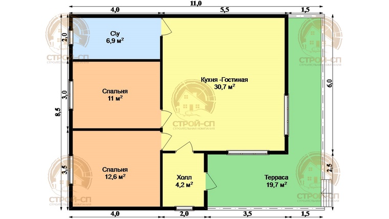 Проект одноэтажного каркасного дома КО13 11х8 для дачи и ПМЖ с террасой и кухней-гостиной 11 на 8