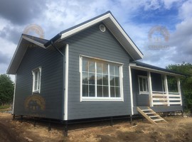 Проект одноэтажного каркасного дома Приозерск 10х8 для дачи и ПМЖ с террасой и кухней-гостиной 10 на 8. Фото