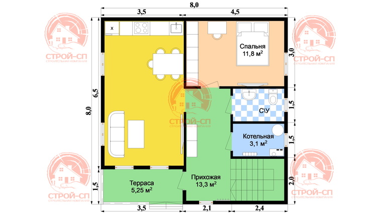 Проект двухэтажного каркасного дома Коттедж 8х8 для дачи и ПМЖ с террасой балконом и кухней-гостиной 8 на 8	