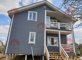 Проект двухэтажного каркасного дома Питер-3 8х8 для дачи и ПМЖ с террасой и кухней-гостиной 8 на 8 Фото