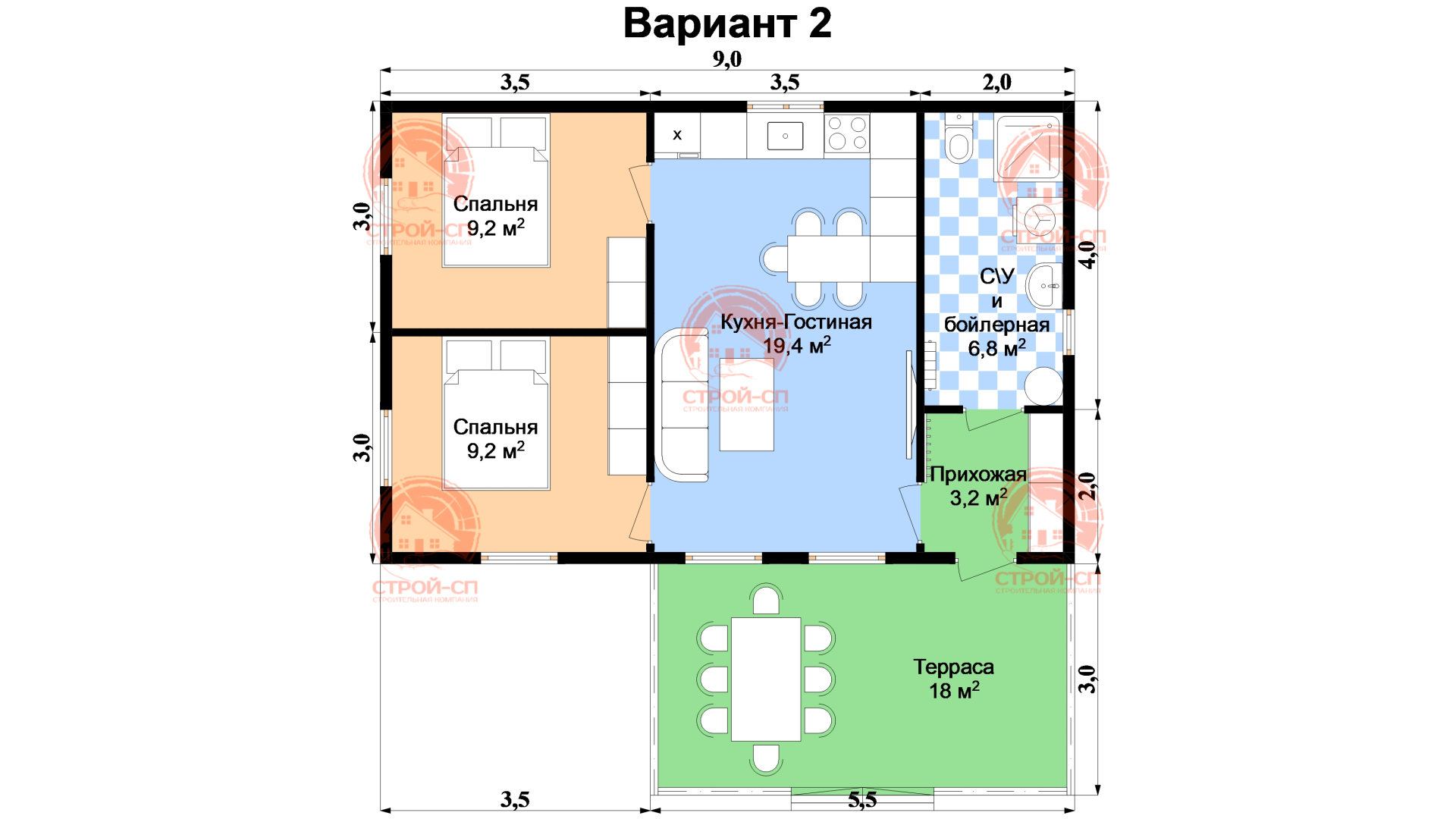 Одноэтажный каркасный дом 6 на 9 (терраса 2 на 3)